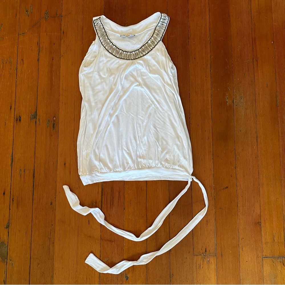 White Cleo Silver Beaded Cleopatra Halter Neck Sleeveless Tank Tunic Vintage y2k